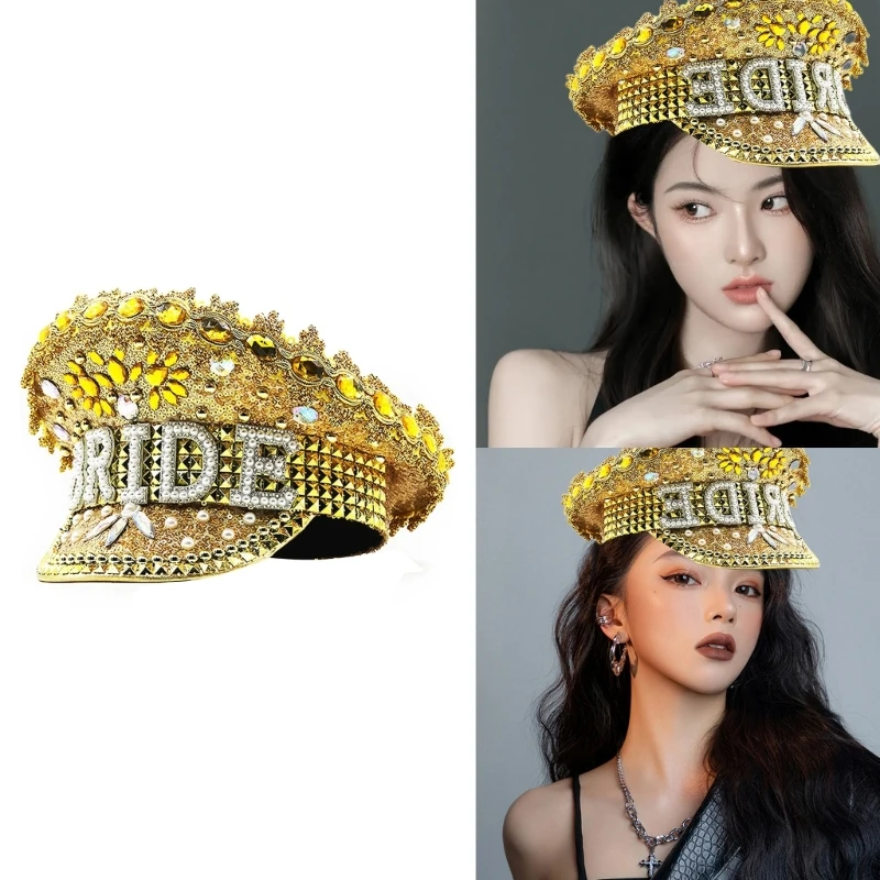 

Wedding Bride Captain Cap with Decors Women Wedding Halloween Party Hat Prom Stage Performances Military Cap M6CD