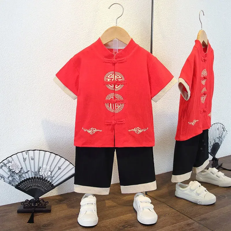 Fashion Chinese Style Boys' Short Sleeved Tang Suit Tops Pants Baby Hanfu Ethnic Style School Martial Arts Performance Clothing