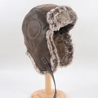 Ushanka Winter Fur Hat Men Russian 2022 Outdoor Faux Leather Aviator Trapper Bomber Hat With Earflaps Men’s Snow Cap 1