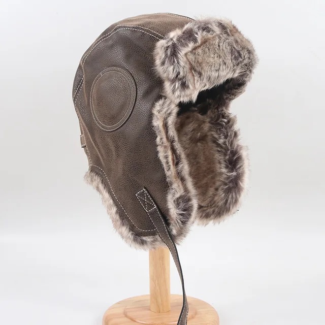Ushanka Winter Fur Hat Men Russian 2022 Outdoor Faux Leather Aviator Trapper Bomber Hat With Earflaps Men's Snow Cap 1