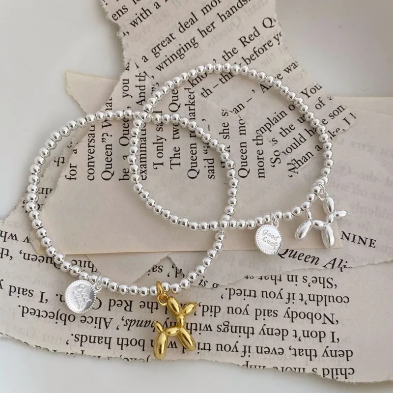 Silver Color Beads Chain Balloon Dog Bracelet for Women Ladies Fashion Cute Puppy Pendant Chain Party Jewelry Birthday Gifts