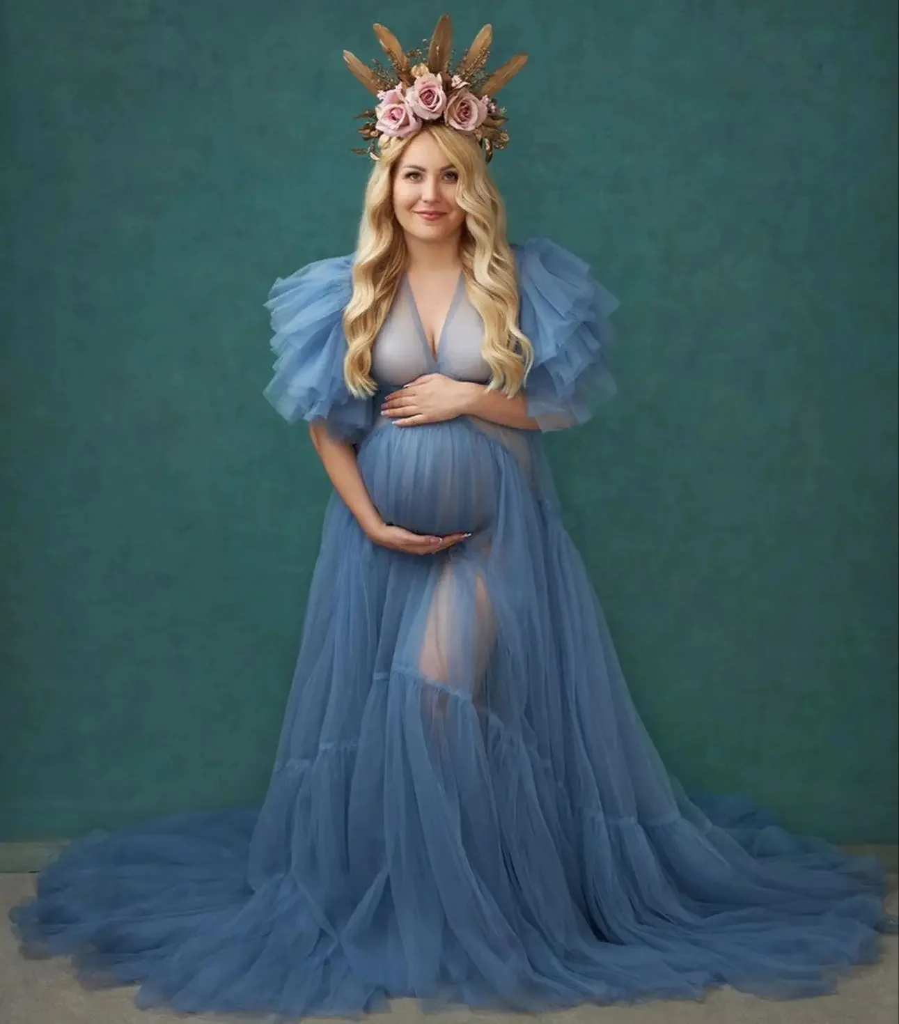 

Baby Blue Maternity Dress for Babyshower Photo Shoot Sheer Vestiti Sposa for Fotos Pregnant Women Gowns Photoshoot