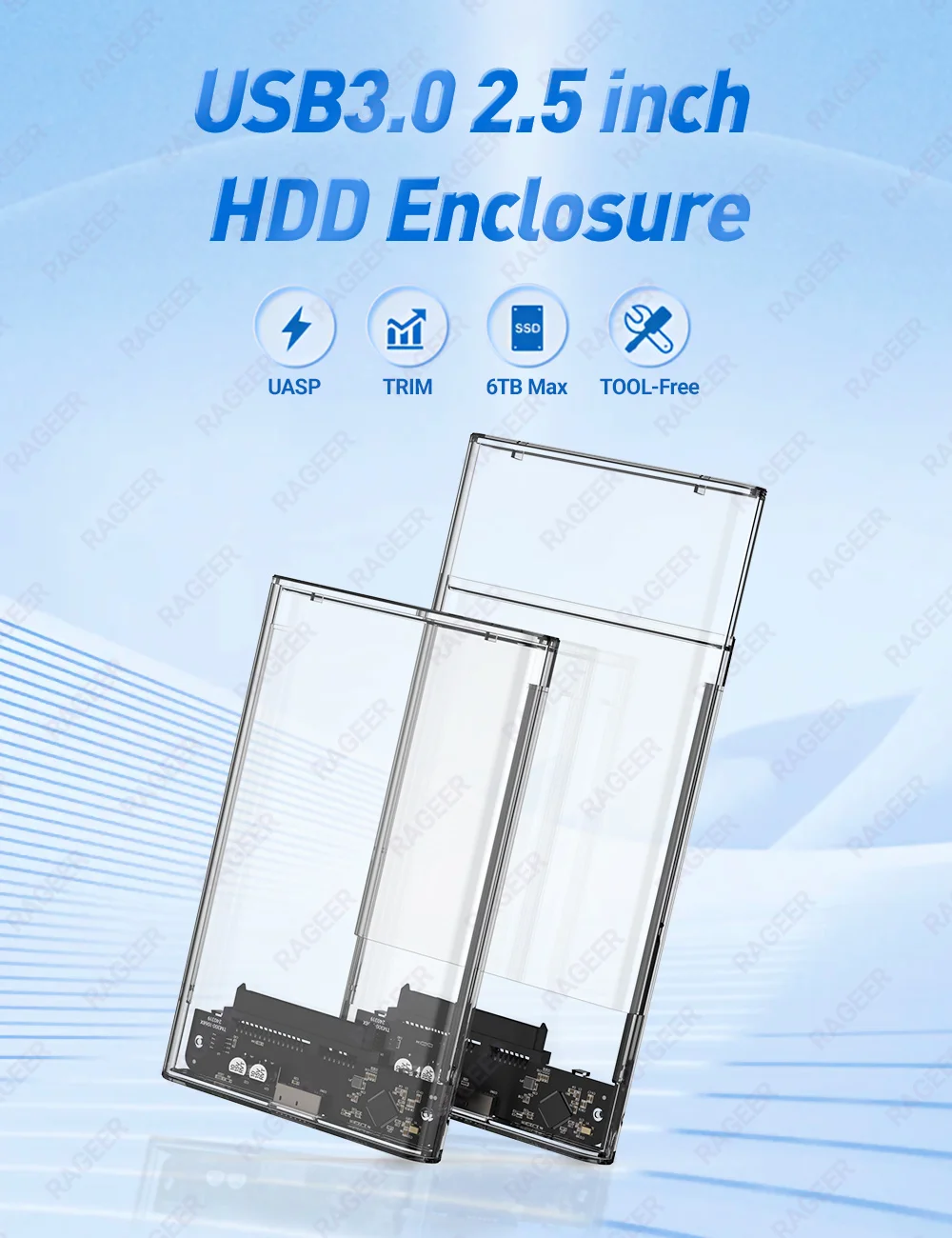 RAGEER 2.5 Externes Festplattengehäuse USB 3.0 zu SATA Transparentes Festplattengehäuse für 7mm/9.5mm SATA HDD/SSD Max 6TB UASP-Unterstützung – Detail 1