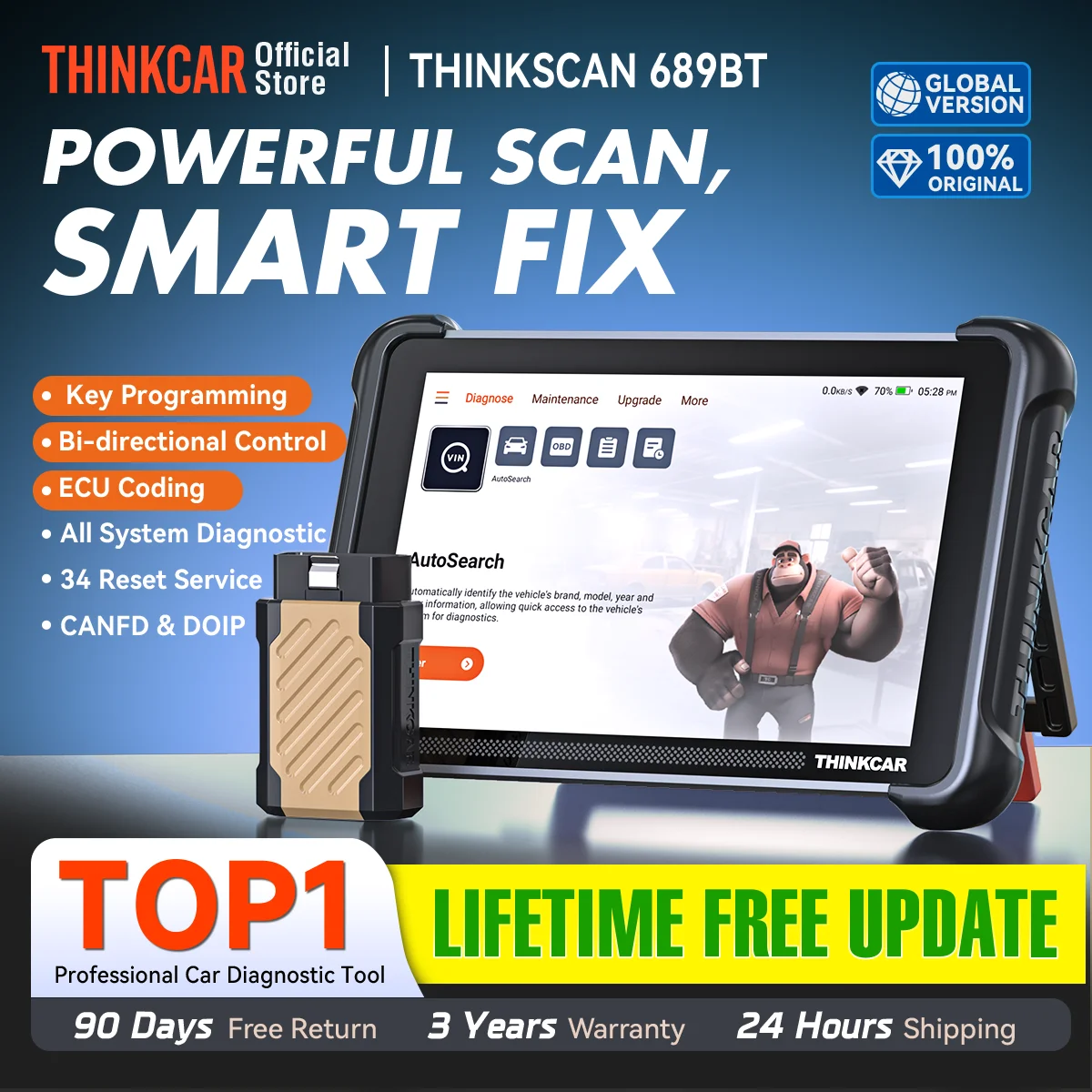Programmation de clés THINKCAR THINKSCAN 689BT avec KEY 101, outil de diagnostic automobile, scanner OBD2 bidirectionnel, codage ECU CANFD DOIP 34, réinitialisation complète du système, gratuit à vie