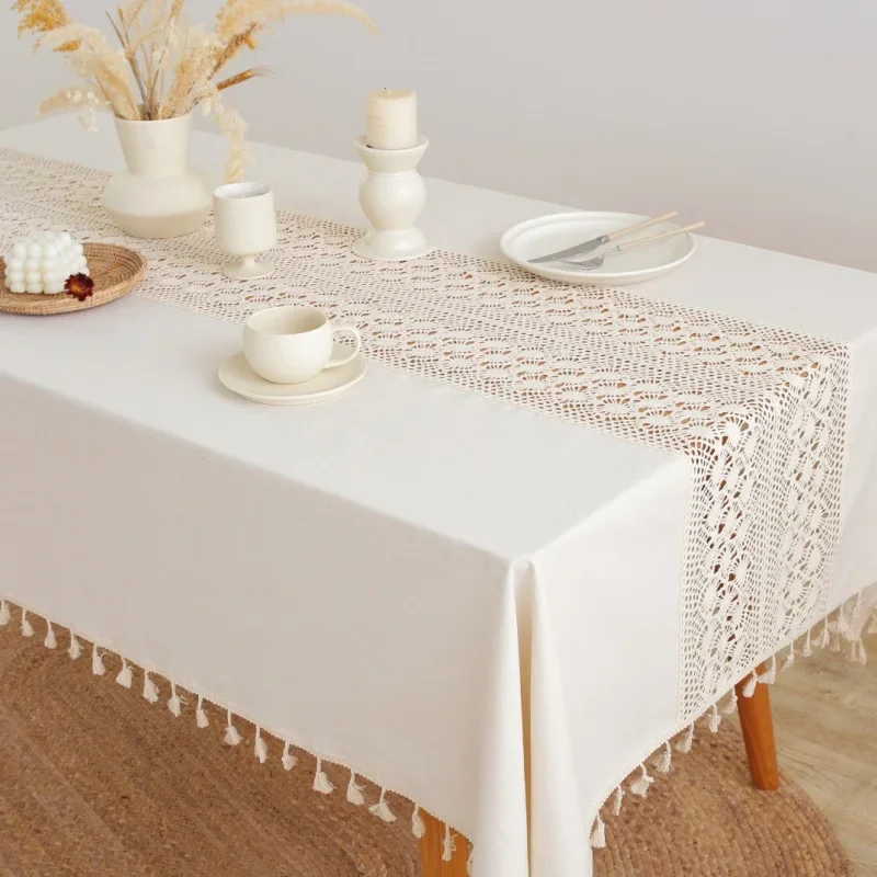 

Cotton Linen Rectangular Table Cloth Beige Knitted Hollow SplicingTablecloth for Table Wedding Decor Coffee Table Cover