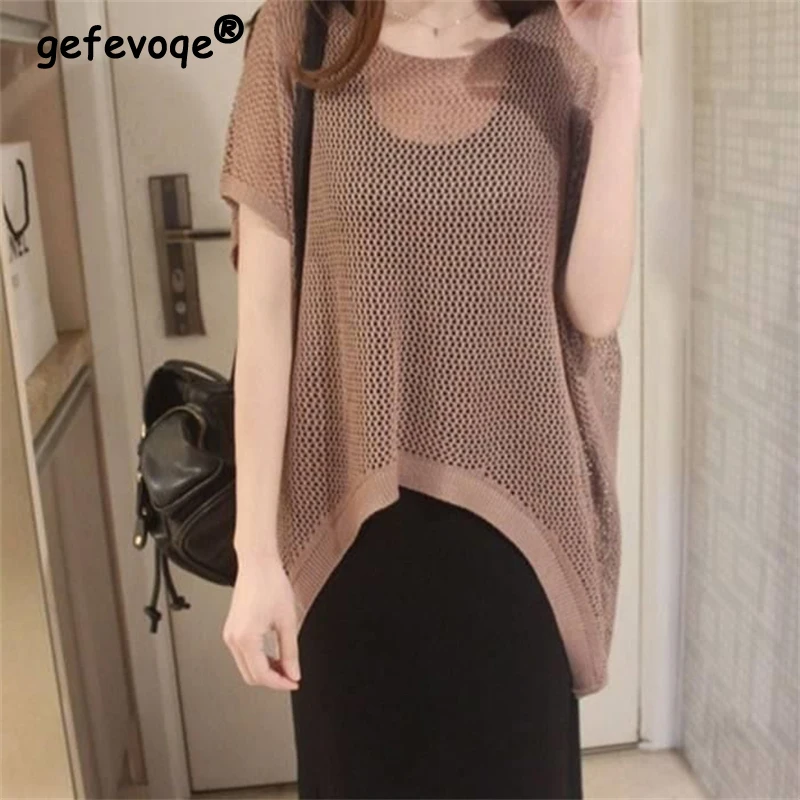 

Женская одежда 2024, летние сексуальные ажурные Топы с коротким рукавом, большие размеры, женская простая туника с круглым вырезом, трикотажная туника