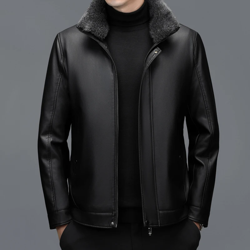 Men Leather Jacket Winter Genuine Leather Jacket for Men Collar Sheepskin Down