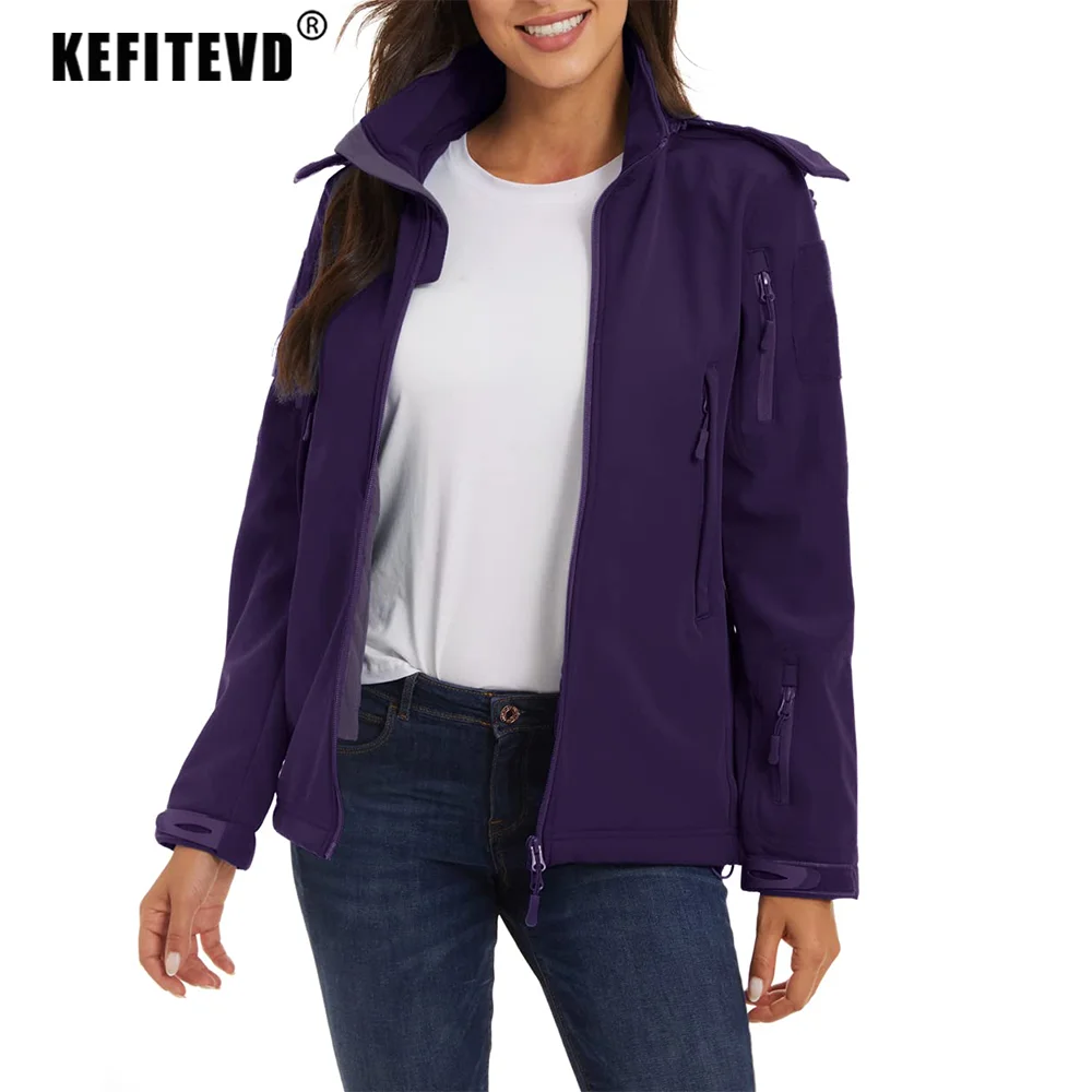 KEFITEVD Women Fleece Softshell Jacket Detachable Hood Spring Snow Ski Hiking Jogging Waterproof Outdoor Hoodie Windbreaker