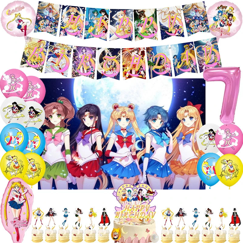 Sailored Moon Theme Girl's Birthday Party Decoration Balloon Banner Backdrop Cake Topper Party Supplies Baby Shower