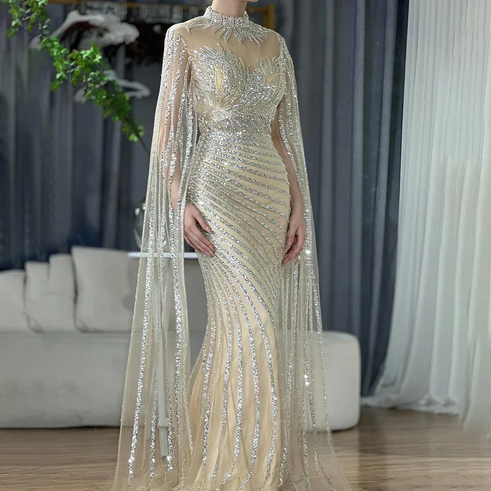 cape long dress formal Elegant Lilac Crystal Evening Gown with Flowing Cape Sleeves SS549