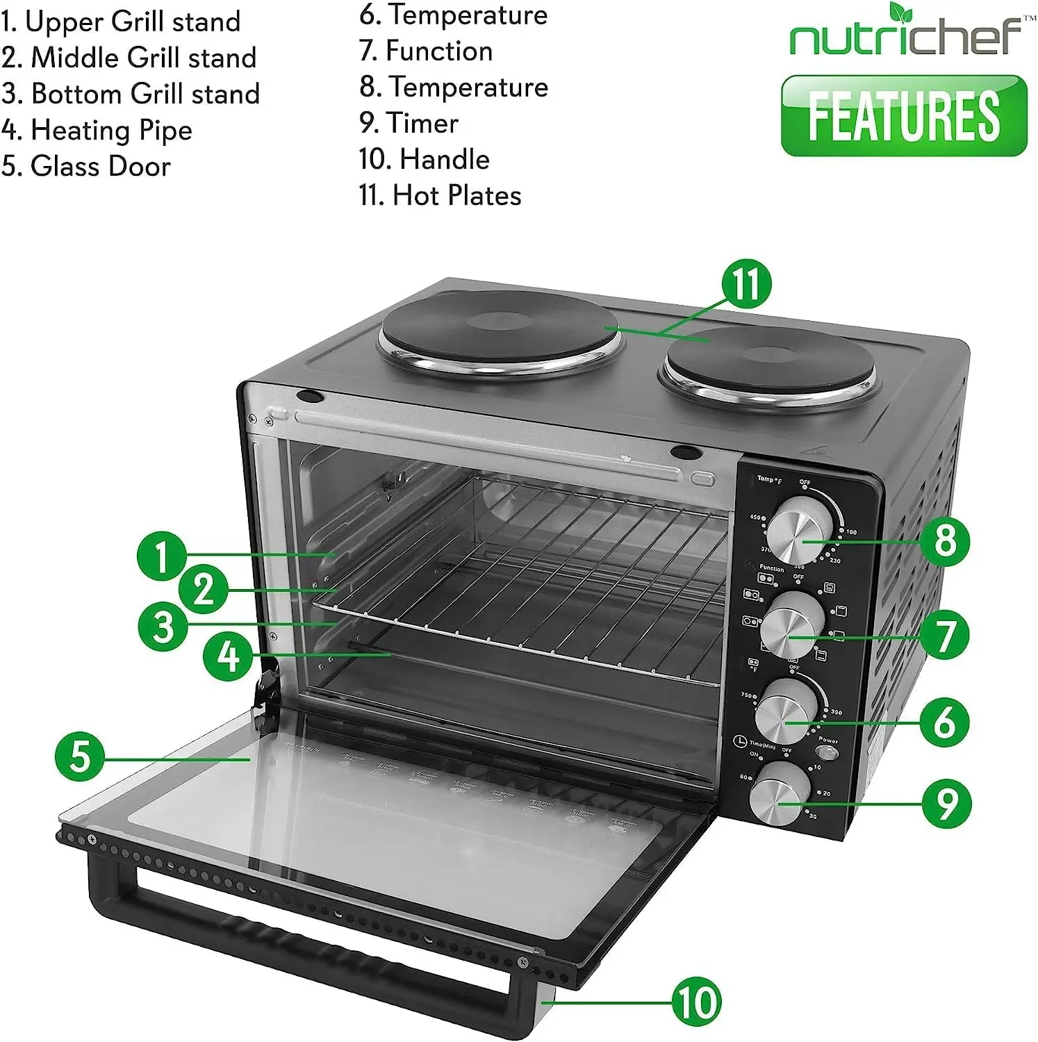 30 Quart Kitchen Convection Oven & 2 Burner Cooker - 1500 Watt Oven - 7 Cook Functions Rotisserie, Cook, Bake, Broil & 2
