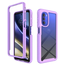 Dual - Layer Hybrid Rugged Armor Shockproof Phone Case with Clear Acrylic Back for Moto G31 (Light Purple)