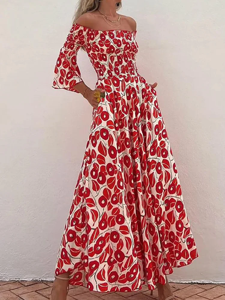 

Backless Flare Sleeve Fashion Maxi Dress, Women Spring Summer Slash Neck Patchwork Party Dress, Red Floral Printing Ladies Dress