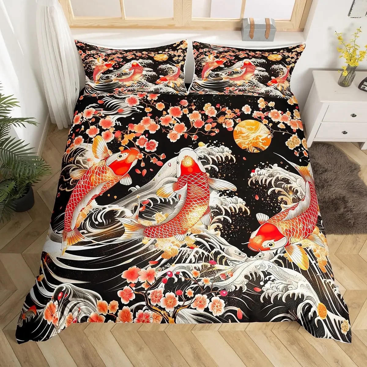 Japanese Samurai Bedding Set Full Size Cherry Blossoms Comforter Cover Red Sun Hokusai Duvet Cover Fuji Mountain Quilt Cover