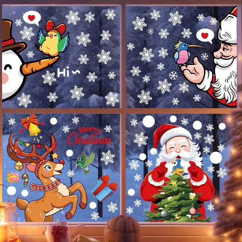 Christmas Santa Claus Window Stickers Xmas Tree Hummingbird Glass Wall Stickers Reindeer Snowman White Snow Door Static
