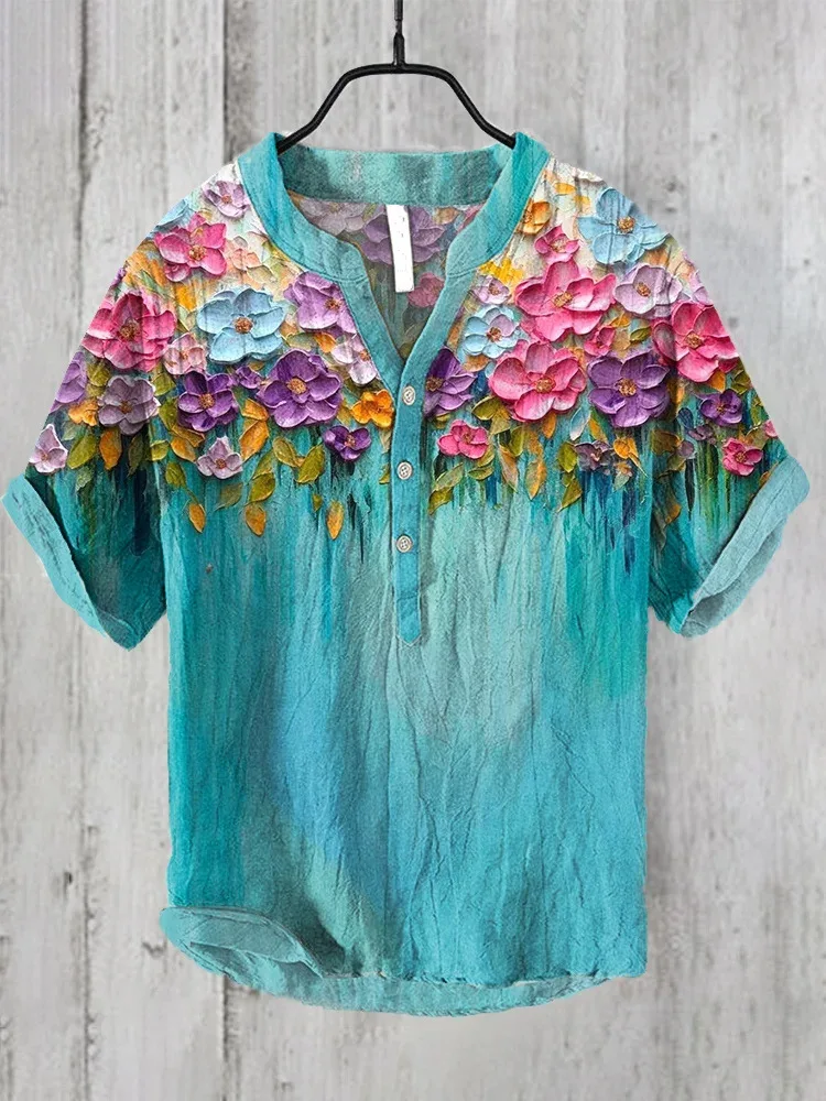 Camisa-de-manga-corta-con-estampado-3D-Jersey-holgado-informal-de-lino ...