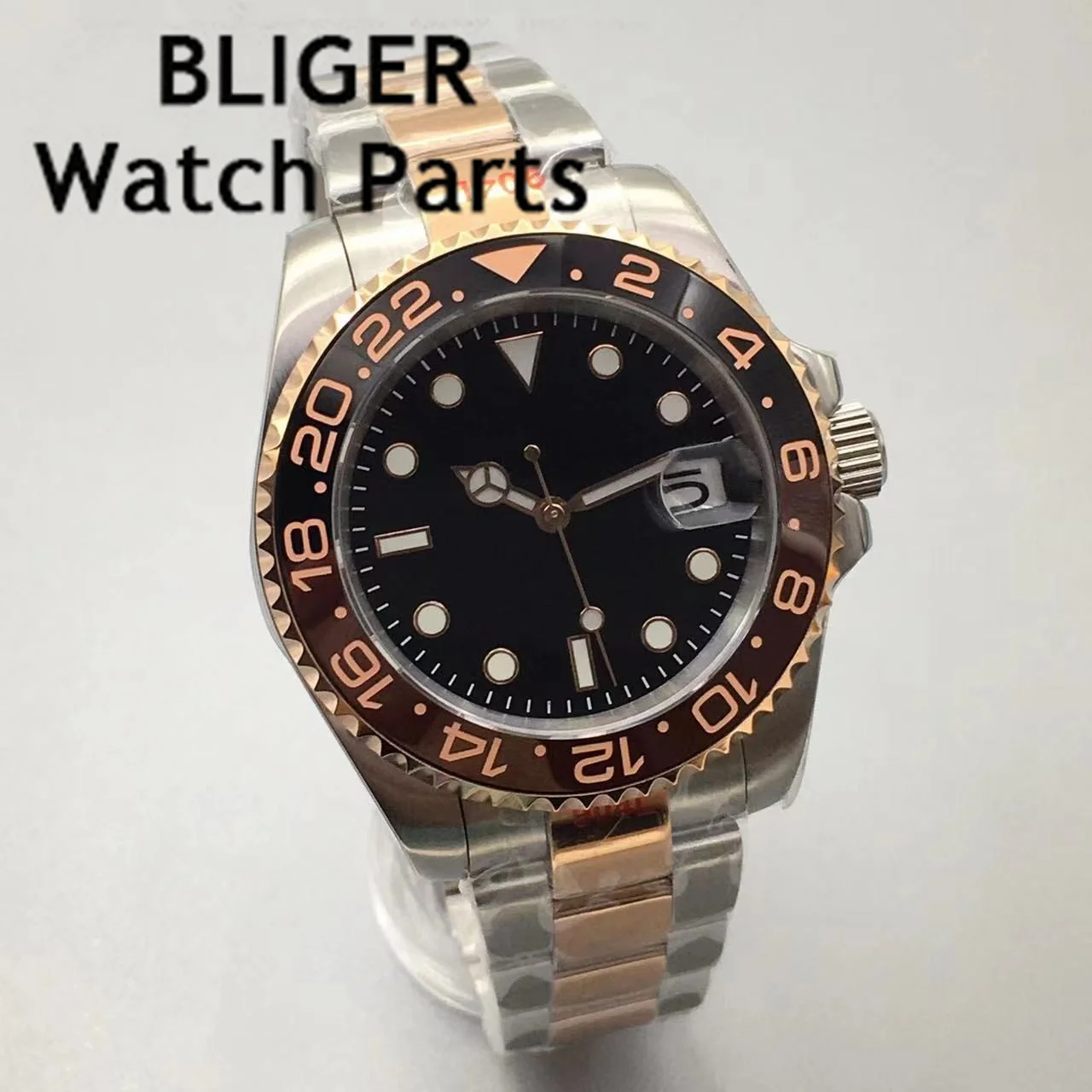 Bliger 40Mm Black Men Watch 24 Jewels Nh35 Miyota 8215 Pt5000 Movement Two Tone Rose Gold Oyster Strap Ceramic