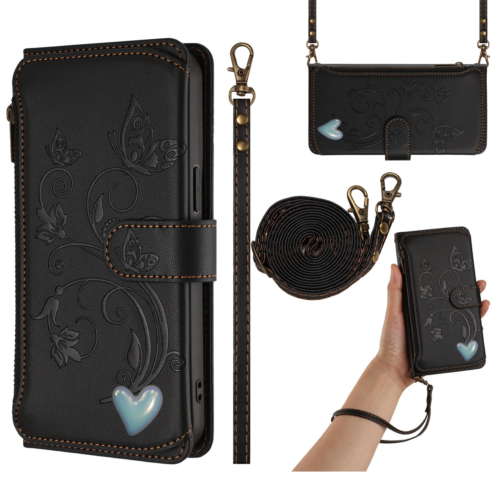 Elegant Crossbody Lanyard Flip Case Leather Wallet Cover with 5 Card Slots