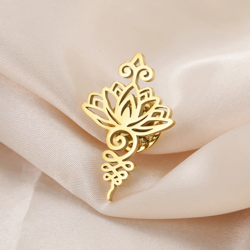 Dawapara Unalome Symbol Lotus Brosche Pins Buddhismus Yoga Blume Spirituelle Heilige Meditation Schmuck Edelstahl – Detail 11