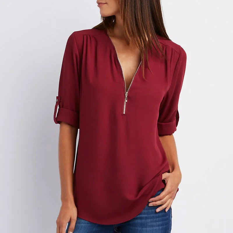 S-5XL Ladies Loose Chiffon Shirt Multi Colors V-Neck Zipper Long-Sleeved Casual Basic White Black Blouse Shirt Tops Plus Size 3