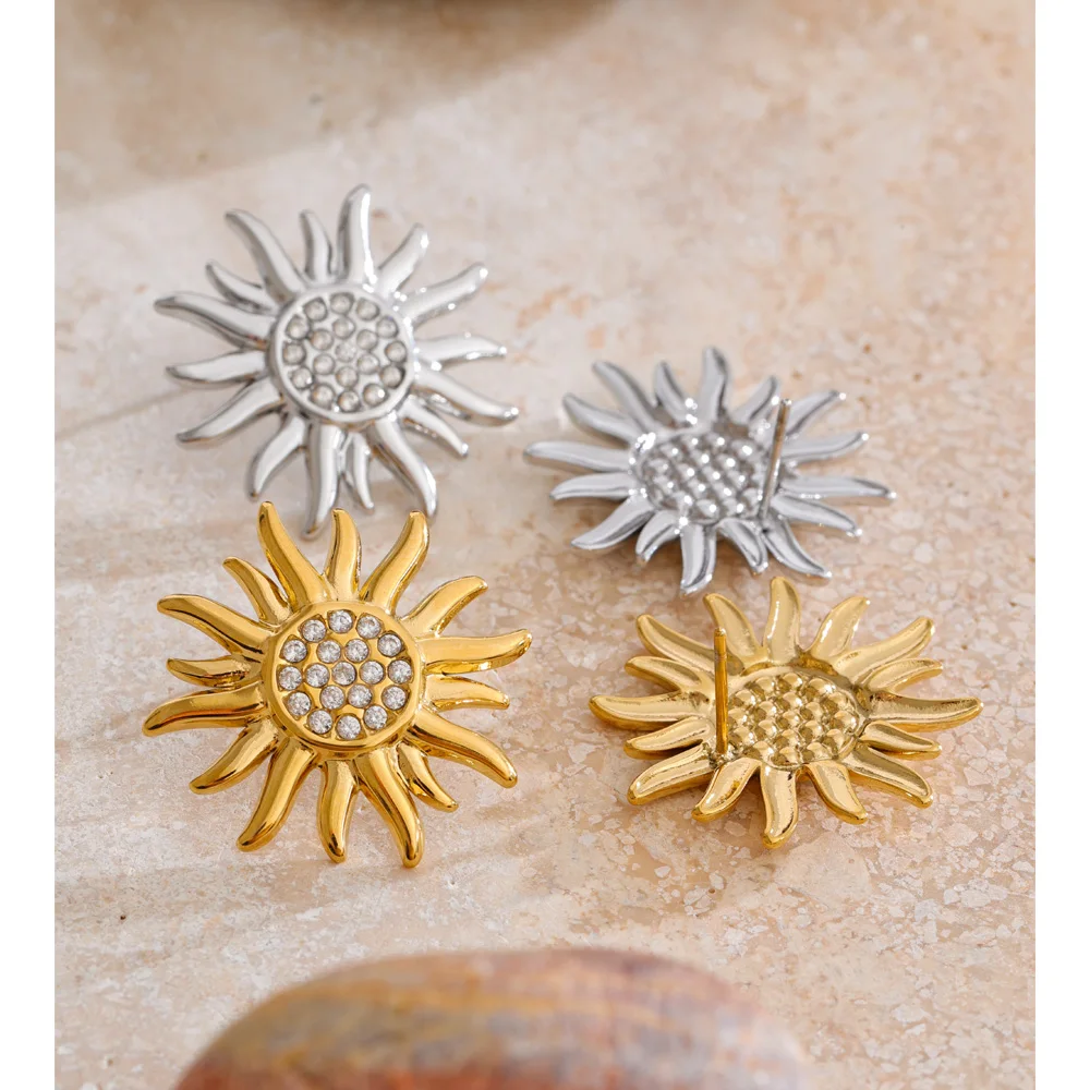 Yhpup Stainless Steel Cubic Zirconia Sun Stud Earrings