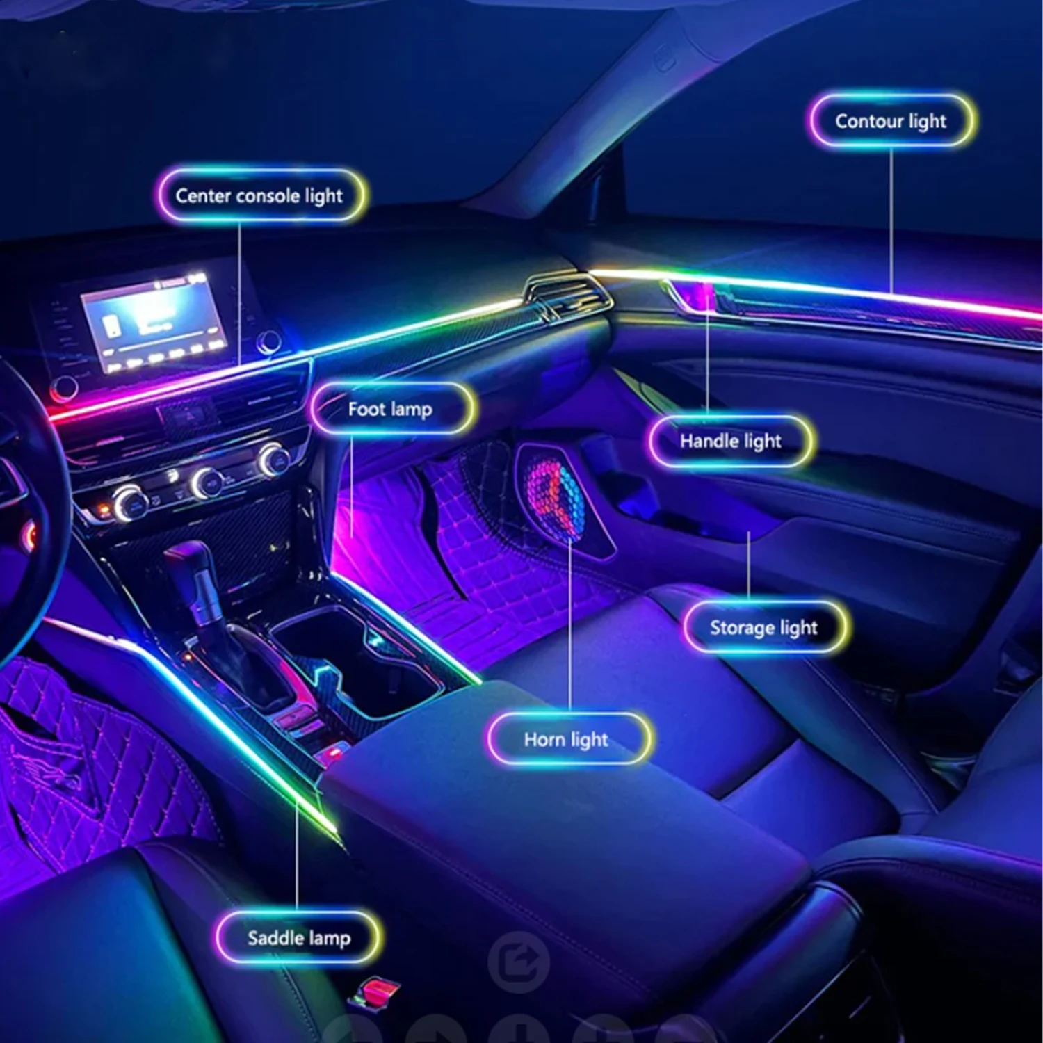 자동차 주변 아크릴 램프 스트립, 다채로운 64 RGB LED, 자동차 인테리어 액세서리, 앱 리모컨 분위기 조명, 22in 1