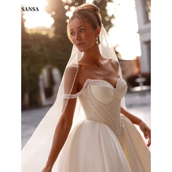 Sansa Customized White Beading Pearls Off The Shoulder Party Dress Veil Strapless Prom Dress Floor-Length Evening Dresses 2025