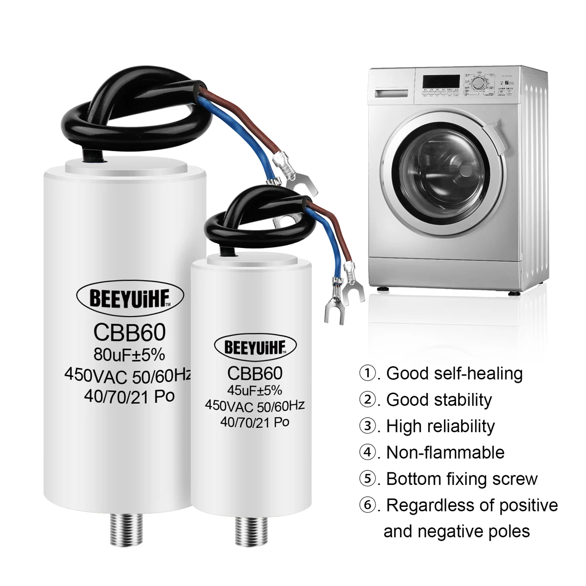 Motor Run Capacitor 1Pcs CBB60 Motor Run Capacitor 450V 4UF 5UF 6UF 8UF 10UF 12UF 14UF 16UF 20UF 100UF Start Water Pump Washer Air Pump with Screws