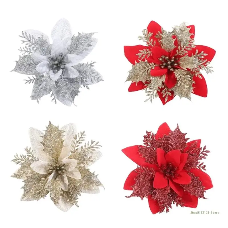 

QX2E 5pcs 14cm Christmas Glitter Poinsettia Flower Ornaments for Wreath Clips Stems