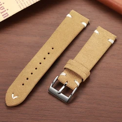 Vintage Genuine Suede Leather Quick Release Watch Strap - Handmade Unisex Sport Bracelet - Black Buckle (Khaki White)