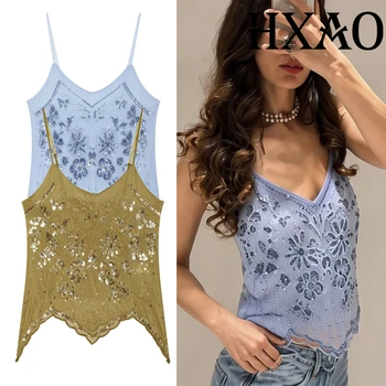 HXAO 2026 Woman Sequin Beaded Top Women Summer Mesh Camisole Crop Tops Irregular Backless Tops Embroidered Beach Tank Top