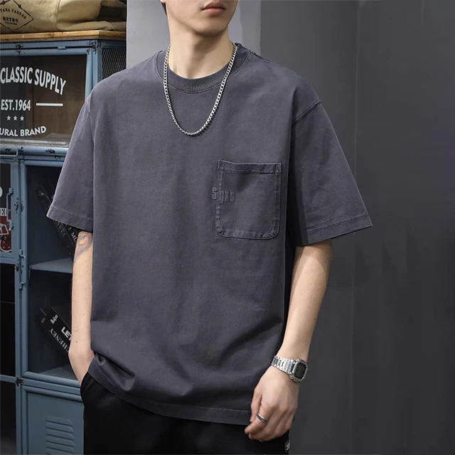 Summer Men's Cotton Pocket Short Sleeve T-shirts Y2K Vintage Crewneck Tee Tops 2026 New High Street Fashion Oversized T Shirt 2