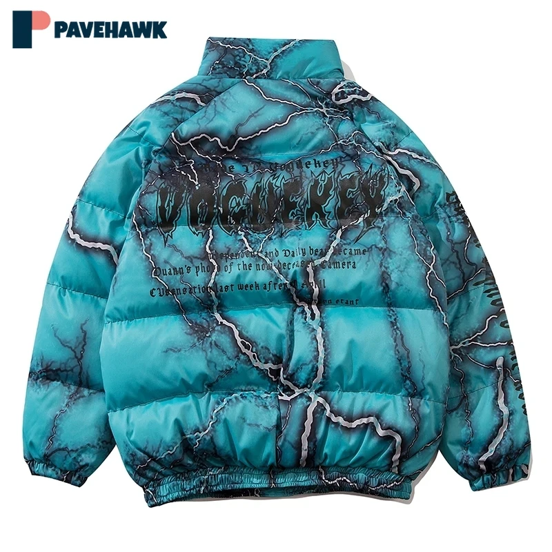 

Winter Lightning Graffiti Parkas Men Women Hip Hop Vintage Cotton-padded Jackets High Street Thicken Warm Letter Print Outwear