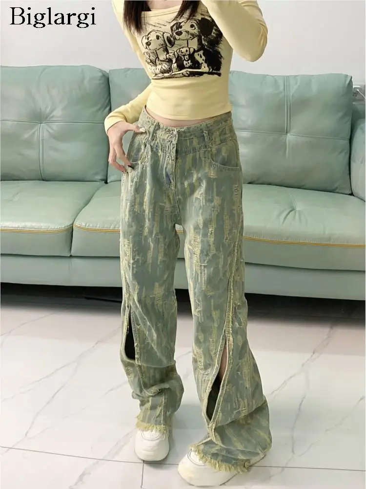 

Jeans Long Spring Pant Women Print Hole Modis Fringe Wide Leg Loose Pleated Ladies Trousers High Waist Casual Korean Woman Pants