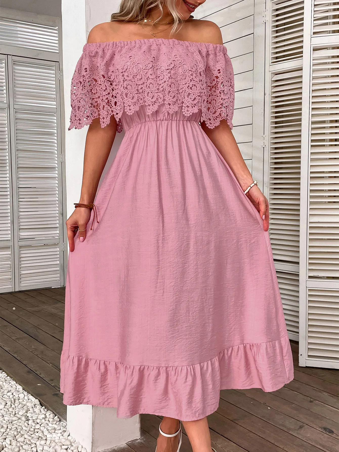 

WildPinky 2023 New Summer Half Sleeve Solid Women Dress Slash neck Lace Spliced Holiday Style High Waist Midi Dress Vestidos