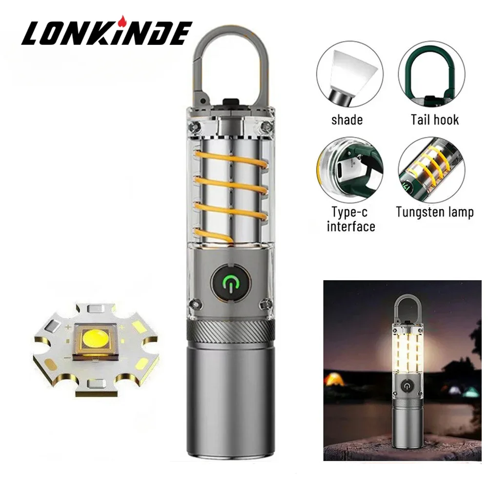 

White Laser Flashlight Internal 18650 Rechargeable Torch 5Modes Zoom Hook Hanging Side Tungsten Wire Camping Lamp with Lampshade