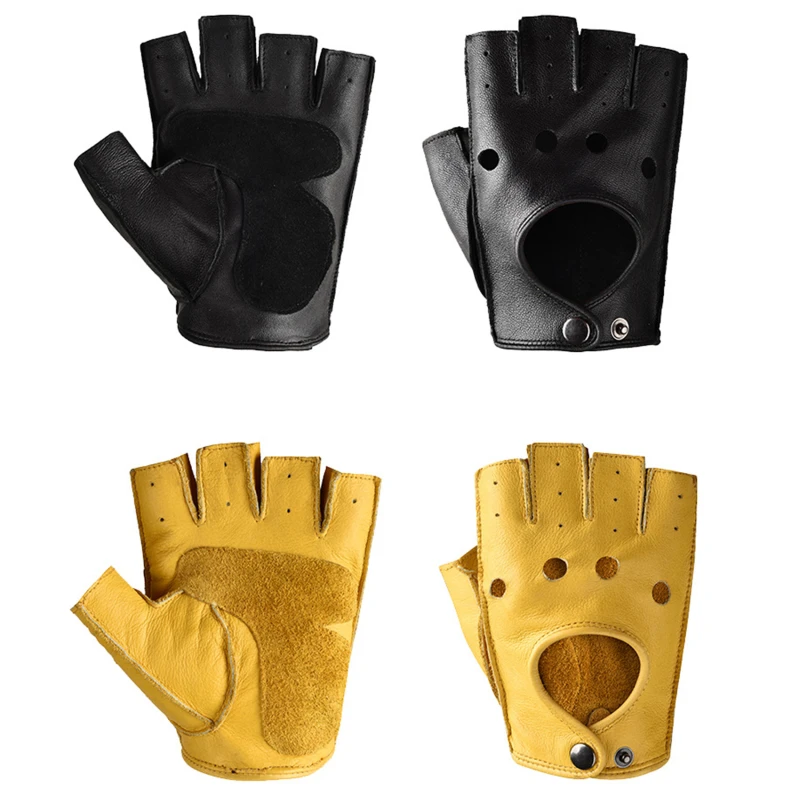 Leather Gloves Men's Half Finger Fitness Sports Driving Anti-skid Strong Wear-resistant Driving Retro Motorcycle Sheepskin Glove 4