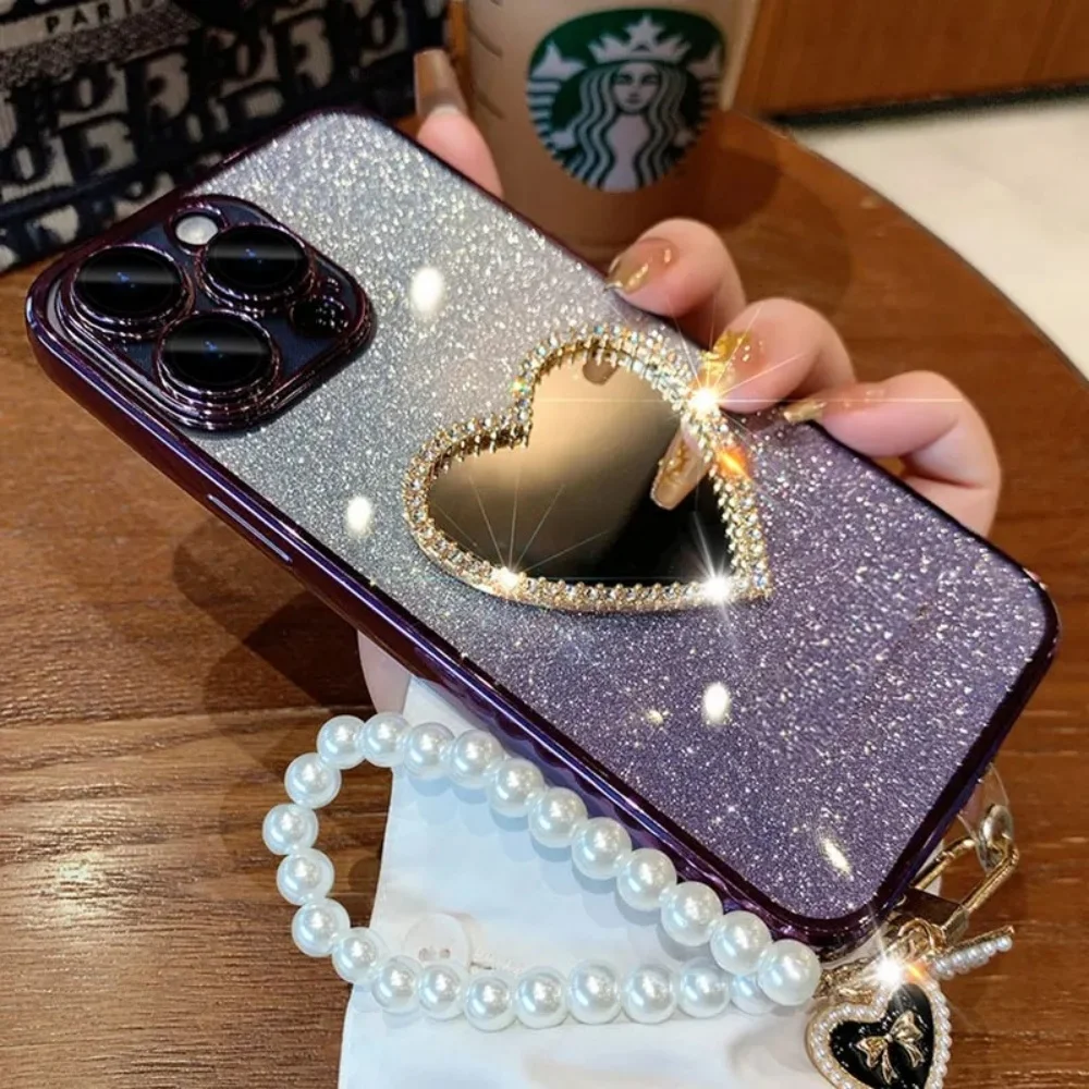 Luxury Diamond Love Mirror Phone Case with Pearl Heart and Hanging Rope