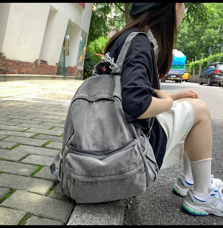 New Gray Denim Backpack Women's Leisure Travel Outing Shoulder Bag Female Fashion Schoolbags Suitable For Boys And Girls Mochila