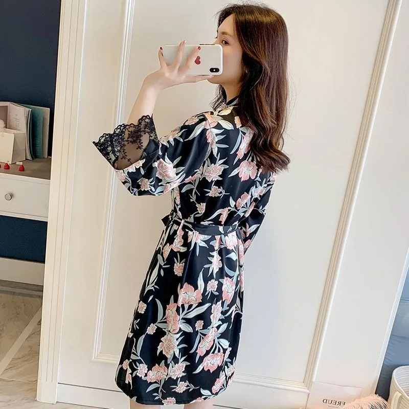 Ice Silk Pajamas Spring Kimono Long Sleeve Loose Women Sexy Bathrobe Female Sweet V-neck Nightdress Casual Mid-Length Homewear