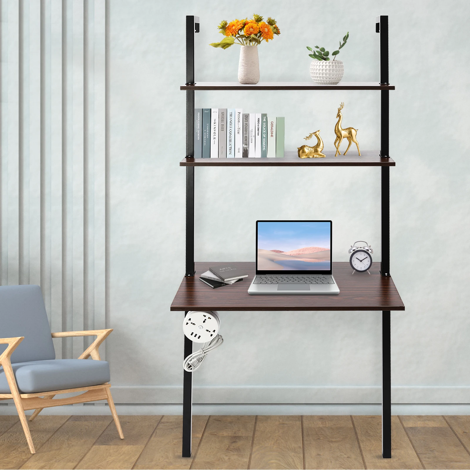 Wall Mount Desk 3 Tiers Computer Writing Table Laptop Industrial Bookcase Floating Pipe Ladder with Shelf for Home Office School 5