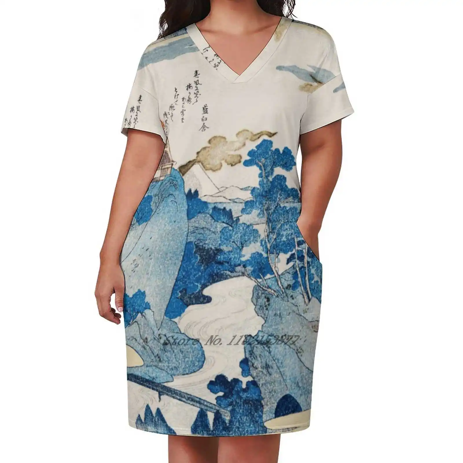 

An Evening View Of Fuji Loose Pocket Dress Women'S Printed Dresses V Neck Casual Dress New Design Evening View Fuji Utagawa