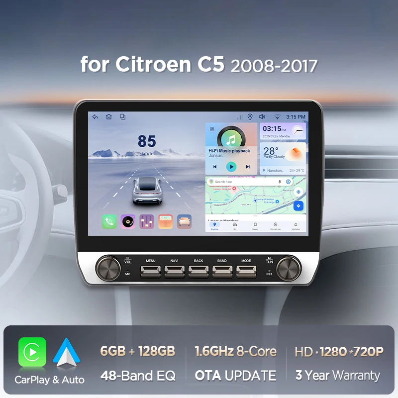 10,1" Autoradio für Citroen C5 2008 2009-2017, kabelloses CarPlay, Android Auto, Head Unit, IPS-Touchscreen mit physischen Tasten, DSP, GPS-Navigation, RDS, BT, SWC, Plug-and-Play, 2DIN-Multimedia-Player mit zwei physischen Knöpfen.