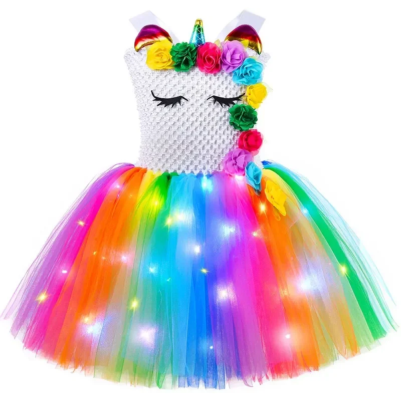 thumbnail image 1 of Vestido de unicornio para niñas con luces LED y flores de arcoíris, vestido de princesa con tutú, ropa de fiesta de cumpleaños para niñas, disfraz de Halloween para niños, 1 of 5