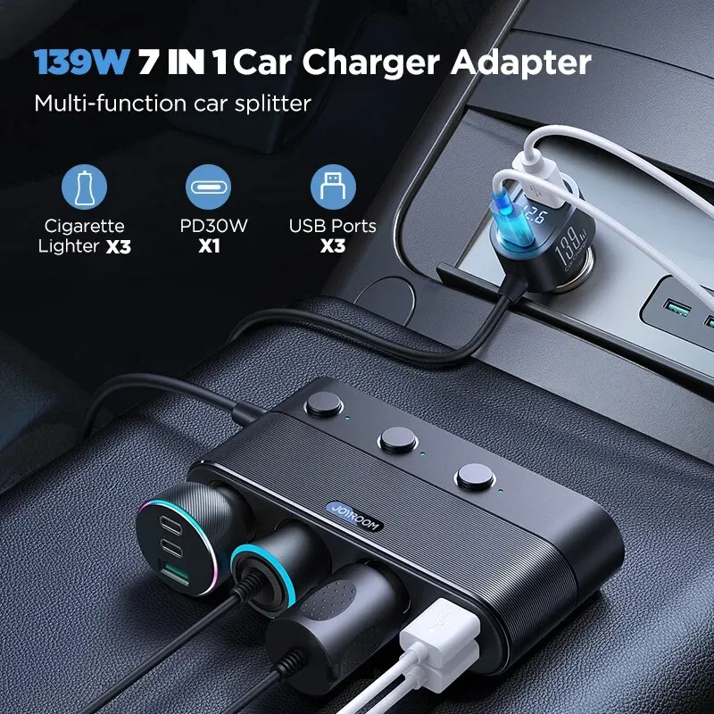 Joyroom 139W 7 in 1 car charger Adapter Fast PD QC3.0 Socket Cigarette Lighter Splitter Charge Independent Switches DC Outlet