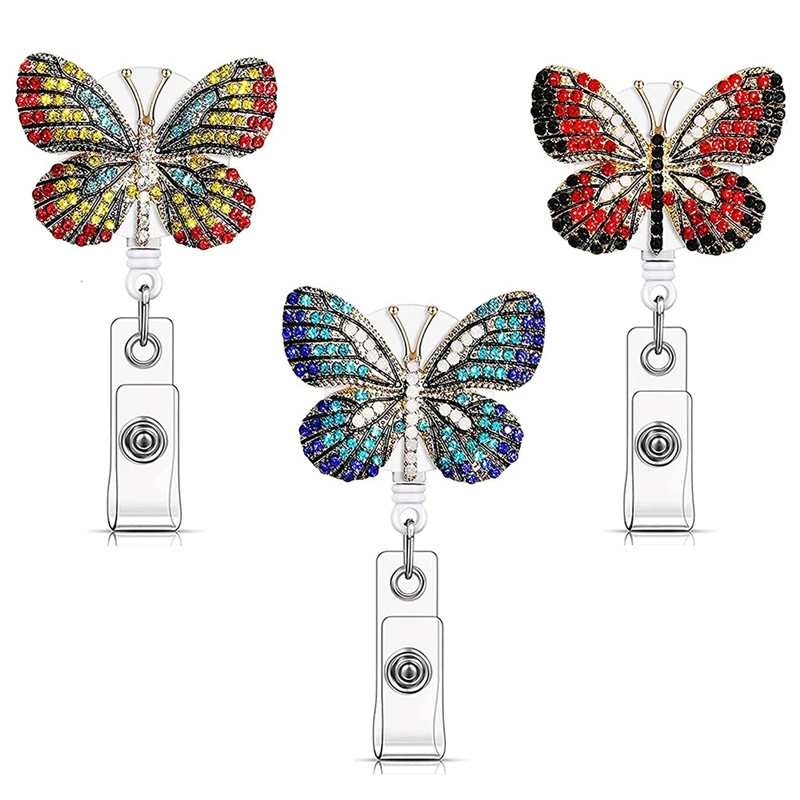 

3 Pcs Butterfly Badge Reels Retractable Rhinestone Badge Holders Name Tag Holder Reels For Nurses Decoration Supplies