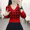 Fashion V-Neck All-match Houndstooth Sweater Female Clothing 2023 Autumn Winter New Casual Pullovers Commuter Tops 3