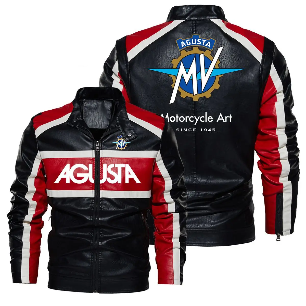 Autumn Winter Men's MV Agusta Logo Contrast Motorcycle Biker Leather Jackets PU Coat Fashion Stand Collar Hood Leather Jacke 2