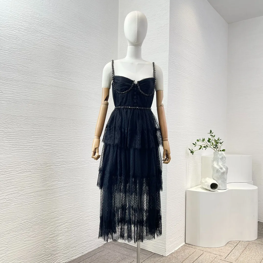 

Sweet Black Lace Patchwork Beading Sleeveless Tube Midi Dress High Quality Casual 2024 Summer New Arrival Women