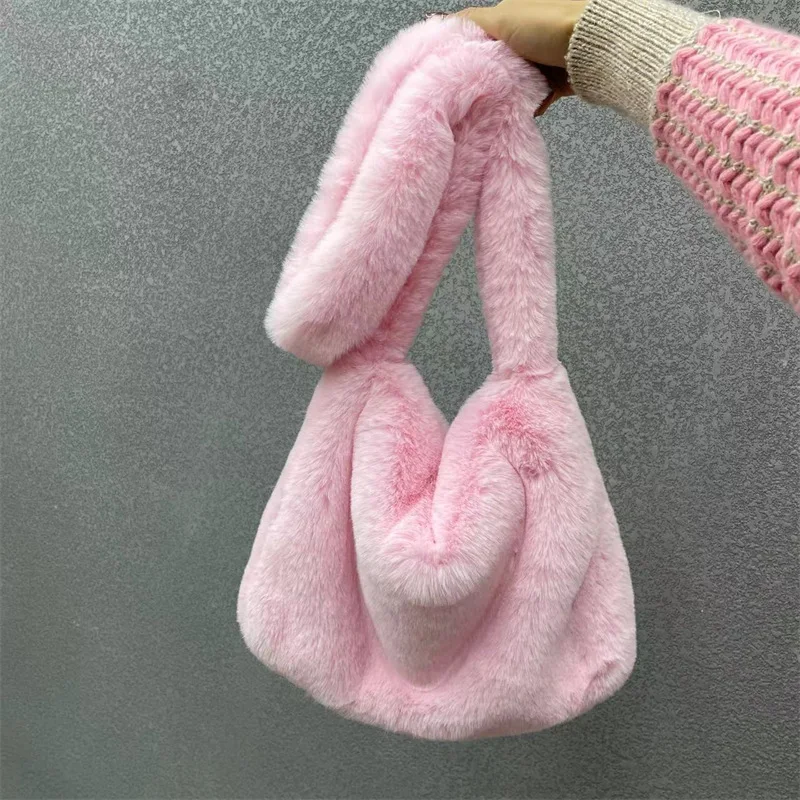 2000s Y2k Hot Girls Candy Color Rose Pink Plush Crossbody Shoulder Bag Women Winter Harajuku Street Fashion Faux Rabbit Fur Bags